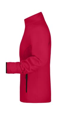 A red softshell jacket with a zippered pocket and a collar, featuring black accents. It has a tailored fit.