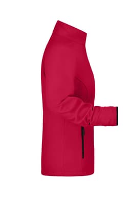 A red ladies' softshell jacket with a high collar and black accents on the pockets and sleeves.