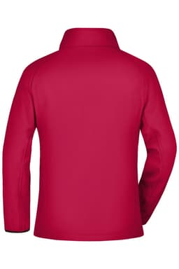 A red ladies' softshell jacket with a collar and long sleeves, featuring a logo on the back.
