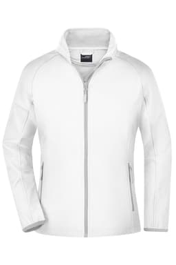 A white softshell jacket featuring a zip front, two side pockets, and a logo on the chest.