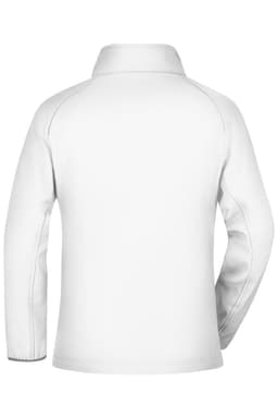 A white softshell jacket with a collar, featuring a back view and a logo.