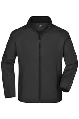 A black softshell jacket featuring a zip front and two side pockets, with a logo on the chest.