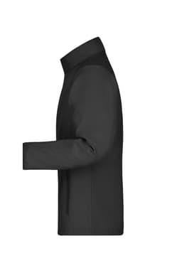 A black softshell jacket displayed in profile, featuring a sleek design and a logo on the sleeve.