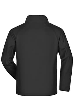 A black men's softshell jacket with a collar and a logo on the back.