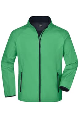 A green softshell jacket with a black inner lining and zippered pockets, featuring a logo on the chest.