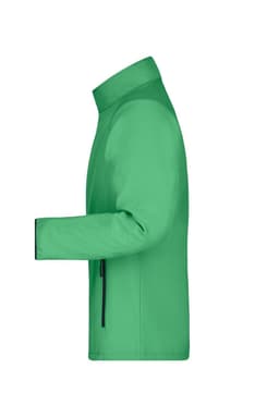 A green softshell jacket with a side view, featuring a collar and zippered pockets, and a logo on the design.