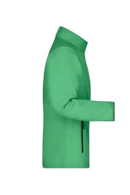 A green men's softshell jacket with a zippered pocket, featuring a simple design and a branded logo.