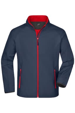 A navy softshell jacket with red accents and pockets, featuring a zip closure and a collar.