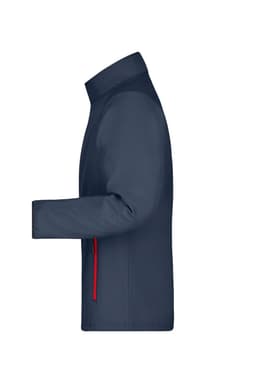 A navy softshell jacket with a zippered pocket and red detailing. It has a sleek, modern design and a logo.