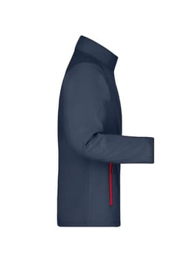 A navy softshell jacket with a sleek design and a red zip pocket. It features a stand-up collar and a minimalistic structure.