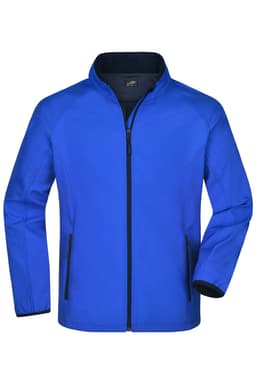 A blue softshell jacket with a front zipper and side pockets, featuring a logo on the chest.