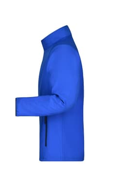 A blue softshell jacket with a side view, featuring a zippered front and a logo on the sleeve.