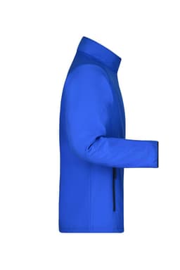 A blue men's softshell jacket featuring long sleeves and a front zip. It includes a logo on the design.