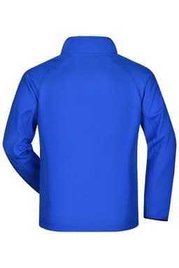 A blue men's softshell jacket featuring a smooth texture and a high collar, with a branding logo on the back.