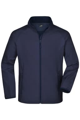 A navy men's softshell jacket with a zip front, featuring side pockets and a collar. It has a logo on it.