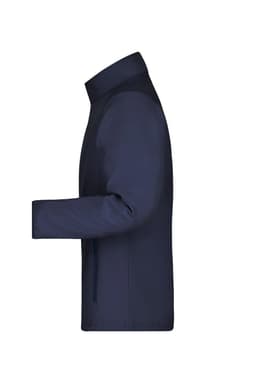A soft shell jacket in navy blue with a sleek design and a side profile view, featuring a logo on the fabric.