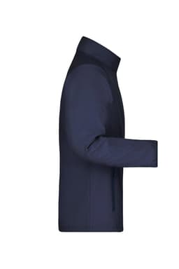 A navy softshell jacket featuring long sleeves and a zip closure, with branding on the fabric.