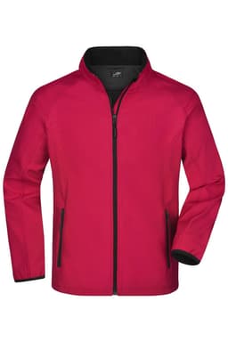 A red softshell jacket with a zip front and black accents, featuring side pockets and a collar.