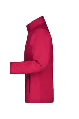 A red softshell jacket with a high collar and a zippered pocket. It features a logo on the chest area.