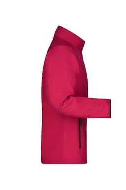 A red softshell jacket featuring a high collar and zippered pockets, with one arm outstretched.
