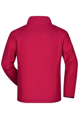 A red softshell jacket with a high collar, featuring a logo on the back.