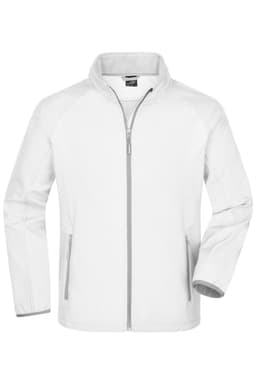 A white men's softshell jacket with grey accents, featuring a zip front and pockets, and includes a logo.