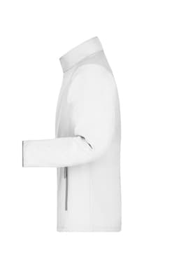 A white men's softshell jacket featuring a side view with a collar and a zippered pocket. It has a logo on it.