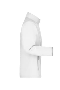 A white softshell jacket displayed from the side, featuring a collar and a zippered pocket, with a logo visible.