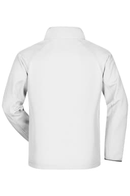 A white men's softshell jacket with a high collar, featuring a logo on the back.