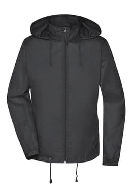 A black rain jacket with a hood, featuring a zipper and adjustable drawstrings at the hem and cuffs. It has a logo.