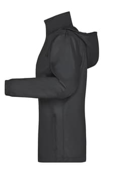 A ladies rain jacket in black, featuring a hood and a fitted design. It includes a logo on the side.