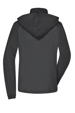 A ladies' rain jacket in black with a hood, featuring a branded logo on the back.