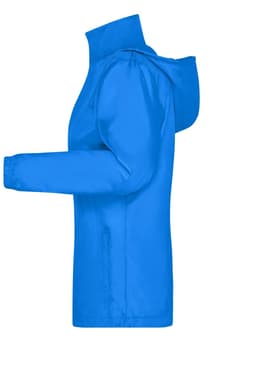 A blue ladies rain jacket with a hood and long sleeves, featuring a logo on the front.