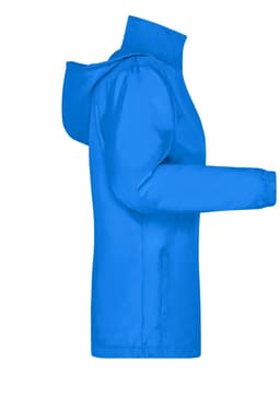 A blue ladies rain jacket with a hood and long sleeves, featuring a side view and a logo.