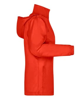 A red ladies rain jacket with a hood, featuring a zip and elastic cuffs, and a logo on it.