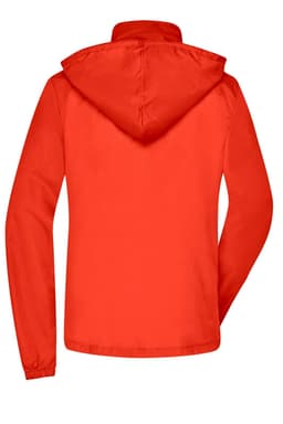 A red rain jacket with a hood, featuring a back view. The jacket has a logo on it.