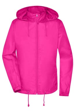 A pink rain jacket with a hood and adjustable drawstrings. It features a logo on the front.