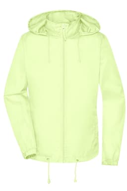 A light yellow rain jacket with a hood, featuring a zip front and drawstring adjustments. It has a logo.