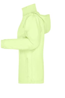A light green rain jacket with a hood and side pockets. The jacket features a logo on the front.