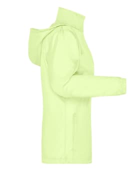 A light green ladies rain jacket with a hood and zipped pockets, featuring a logo on one side.