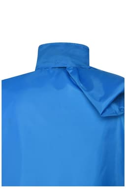A blue rain jacket with a high collar, featuring a logo on the back. The fabric has a smooth, glossy finish.