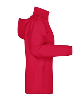 A red rain jacket featuring a hood and a side view, with a logo on the design.