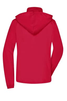A vibrant red rain jacket with a hood and long sleeves, featuring a logo on the back.