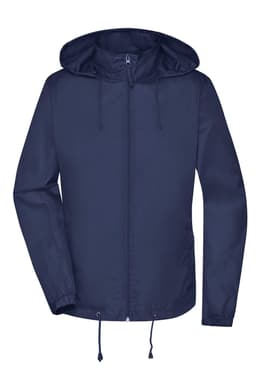 A navy blue ladies rain jacket with a hood and adjustable drawstrings at the hem and cuffs. Features a logo.
