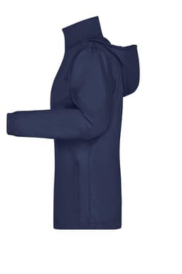 A navy blue ladies rain jacket with a hood, featuring long sleeves and a side view design. It has a logo on it.
