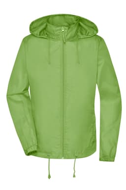 A lime green rain jacket featuring a hood, zip front, and adjustable drawstrings at the waist and cuffs.
