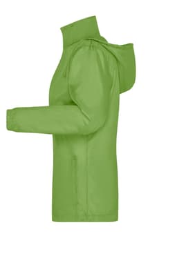 A green rain jacket with a hood and a logo prominently displayed on the side. It features elastic cuffs and side pockets.