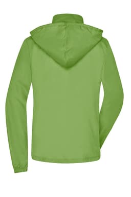 A green rain jacket with a hood, featuring long sleeves and a branding logo.