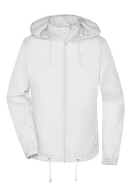 A white rain jacket with a hood and adjustable drawstrings, featuring a logo on the front.