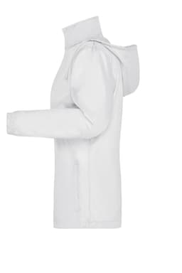 A white rain jacket featuring a hood and a side view design. The jacket includes a logo.